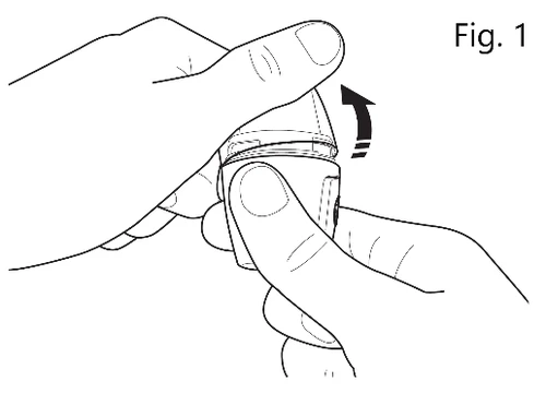 Disegno tecnico che mostra due mani che impugnano un dispositivo medico con una freccia curva che indica il movimento di rotazione verso l'alto