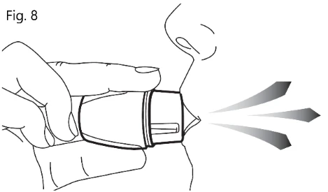 Disegno lineare di una mano che tiene un inalatore vicino alla bocca di una persona con getti di spray che escono dal dispositivo