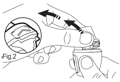 Technical drawing showing hands rotating the top part of a medical container with black arrows indicating rotational movement