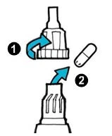 Diagramma con frecce blu che indicano il movimento di rotazione 1 per svitare e l'inserimento 2 di una capsula in un contenitore medico