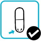 Disegno stilizzato di una capsula farmaceutica con una freccia azzurra che punta verso la base e un segno di spunta bianco in un cerchio nero
