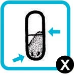 Disegno stilizzato di una capsula con due frecce azzurre che puntano verso il centro e una icona nera con una X bianca in basso a destra