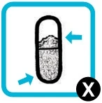 Diagramma di una capsula con due frecce azzurre che indicano le estremità e una X nera in basso a destra su sfondo bianco e cornice azzurra