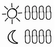 Disegno stilizzato di un sole con quattro capsule accanto e una luna crescente con altre quattro capsule sotto per indicare l'assunzione giorno e notte