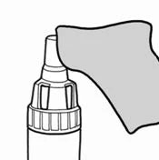 Disegno schematico di un dispositivo medico a forma di penna che viene appoggiato contro una superficie di pelle chiara