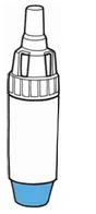 Disegno lineare di un dispositivo medico a forma di penna con corpo bianco, sezione centrale zigrinata e base di colore azzurro