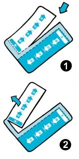 Diagramma illustrativo in due passaggi che mostra come piegare un foglietto bianco con frecce azzurre verso un supporto azzurro con frecce bianche