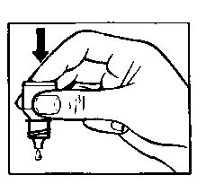 A hand holding a bottle with a black arrow pointing downward, indicating to squeeze the container to release a drop of liquid
