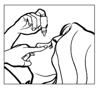 Black and white drawing of a hand administering drops from a bottle into the nose of a person with the