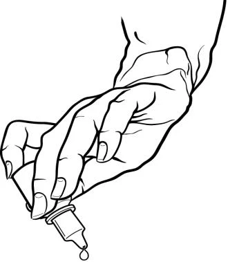 Black line drawing of a hand holding a dropper bottle releasing a single drop of liquid