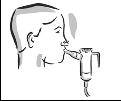 Stylized profile drawing of a man holding in his mouth the