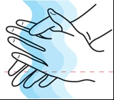 Disegno stilizzato di due mani sovrapposte che si strofinano tra loro su uno sfondo con onde azzurre e una linea tratteggiata rosa orizzontale
