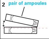 Disegno tecnico di una coppia di ampolle mediche disposte una sopra l'altra con una freccia che indica il movimento di apertura tra di esse