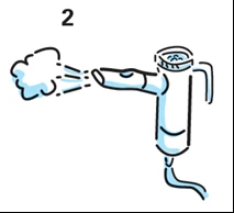 Dispositivo medico a forma di T che emette una nuvola di spray azzurro dalla parte anteriore su sfondo bianco con numero 2 in alto