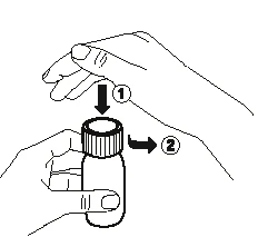 Technical drawing showing a hand pressing a cap onto a vial labeled with the number 1 and a curved arrow with the number 2