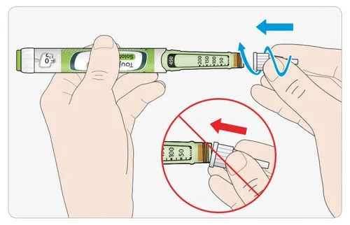 Two hands rotating the top part of an insulin pen to the left, with a prohibition symbol indicating not to rotate to the right