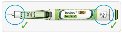 Toujeo SoloStar injection pen with graduated scale, green and white label, blue circles on tip and button, and green checkmarks