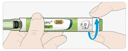 Two hands holding a green and white injection pen with a blue arrow indicating rotation of the cap toward the
