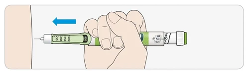 A hand holding a green and white injection pen applying it to the skin with a blue arrow indicating movement toward the
