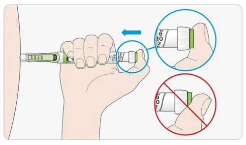Medical illustration showing a hand holding an injection pen against the skin with a blue arrow and two comparison circles with a prohibition sign