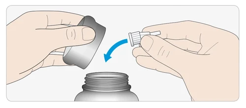 Two hands opening a medical vial by removing the dark cap and separating the small white cap, with a blue arrow indicating the movement