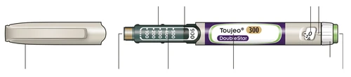 Horizontal diagram of a Toujeo 300 DoubleStar injection pen with numerical indicators for units and a graduated scale for dosage