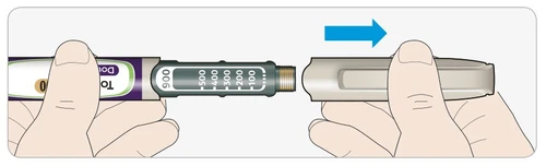 Two hands separating a medical device into two parts, with a blue arrow indicating movement to the right for unlocking