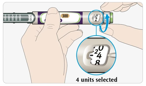 Two hands holding an injection pen with a magnification showing the selected dosage of 4 units on the digital display