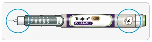 Toujeo DoubleStar injection pen with needle on the left and dosage display window on the right on a white background with blue circles