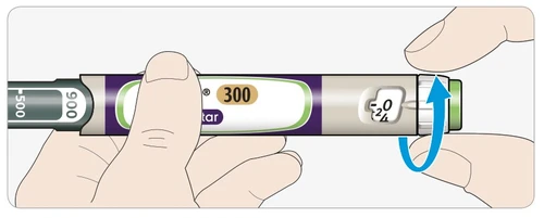 A hand holding an injection pen with thumb on the top part and a blue arrow indicating rotation of the end cap