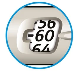 Close-up of a circular digital display showing numbers 56, 60, and 64 in black on a white background at the