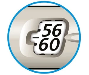 Close-up of a circular digital display showing numbers 56 and 60 in black on a white background at the