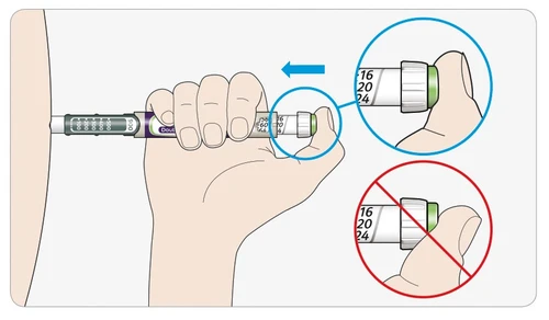 A hand holding an injection pen against the skin with a blue arrow indicating movement and a red circle with a prohibition sign