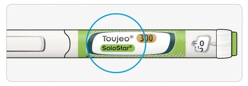 Close-up of a Toujeo SoloStar injection pen showing the concentration 300 highlighted by a blue circle
