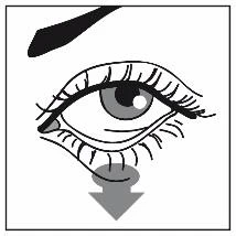 Stylized drawing of a human eye with long eyelashes and a downward-pointing arrow indicating the lower eyelid area