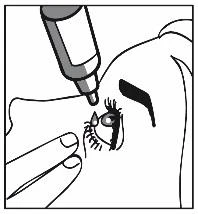 Black and white drawing showing an eye drop bottle dispensing a drop into the