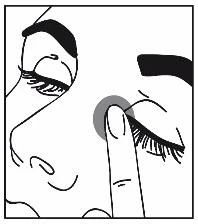 Black and white drawing of a face with closed eyes and a finger gently pressing on the upper eyelid