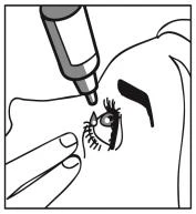 Disegno in bianco e nero che mostra un flacone di collirio che versa una goccia nell'occhio di una persona con una mano che sostiene il viso