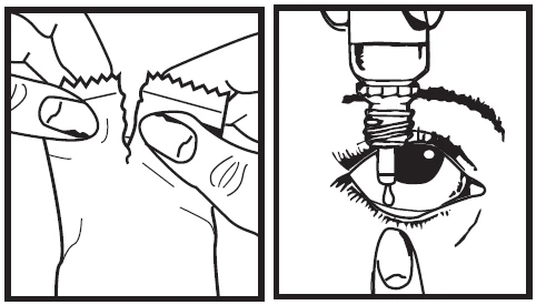 Two black-and-white drawings show hands opening a single-dose pouch and a dropper releasing a drop into the eye