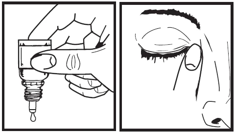 A hand holds a dropper bottle to release a drop of liquid into the eye