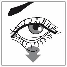 Black and white drawing of a human eye with long eyelashes and a downward-pointing arrow indicating the lower part of the eye