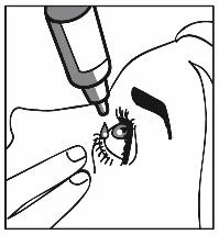 Black and white drawing showing a hand holding an applicator positioned near the eye