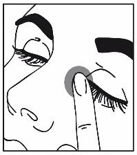 Black and white drawing of a face with closed eyes and a finger gently pressing on the right lower eyelid