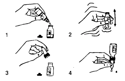 Four-step diagram showing how to withdraw liquid from a vial into a syringe using a