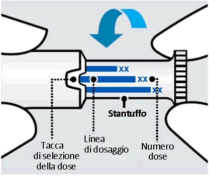 Diagrama médico con flecha azul curva que indica la rotación de un dispositivo con marca de selección, línea de dosificación y número de dosis