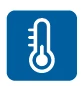 Icono blanco de un termómetro con escala graduada sobre fondo cuadrado azul con esquinas redondeadas