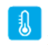 Icono blanco de un termómetro con escala graduada sobre fondo cuadrado azul claro con degradado
