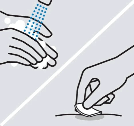 Dibujo esquemático que muestra dos fases: manos que se lavan con espuma y una mano que aplica una tirita sobre una superficie cutánea