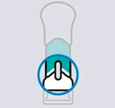 Diagrama estilizado de un dispositivo médico con un círculo azul que resalta la parte central blanca y la sección superior azul