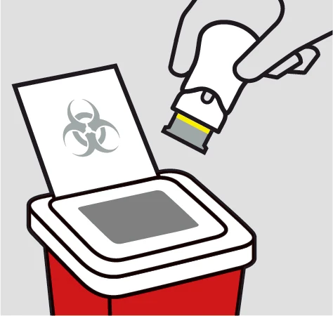 Ilustración de una mano que tira un contenedor con símbolo de riesgo biológico a un contenedor rojo para eliminación de residuos
